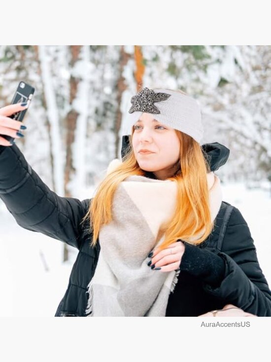 Knitted Warm Headband with Rhinestone Diamonds - Soft Elastic Hair Strap for
